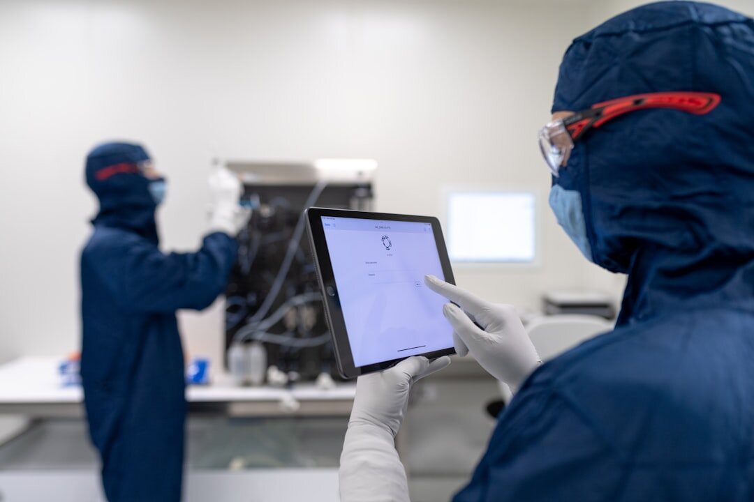 Innovation research laboratory with scientist working on technology