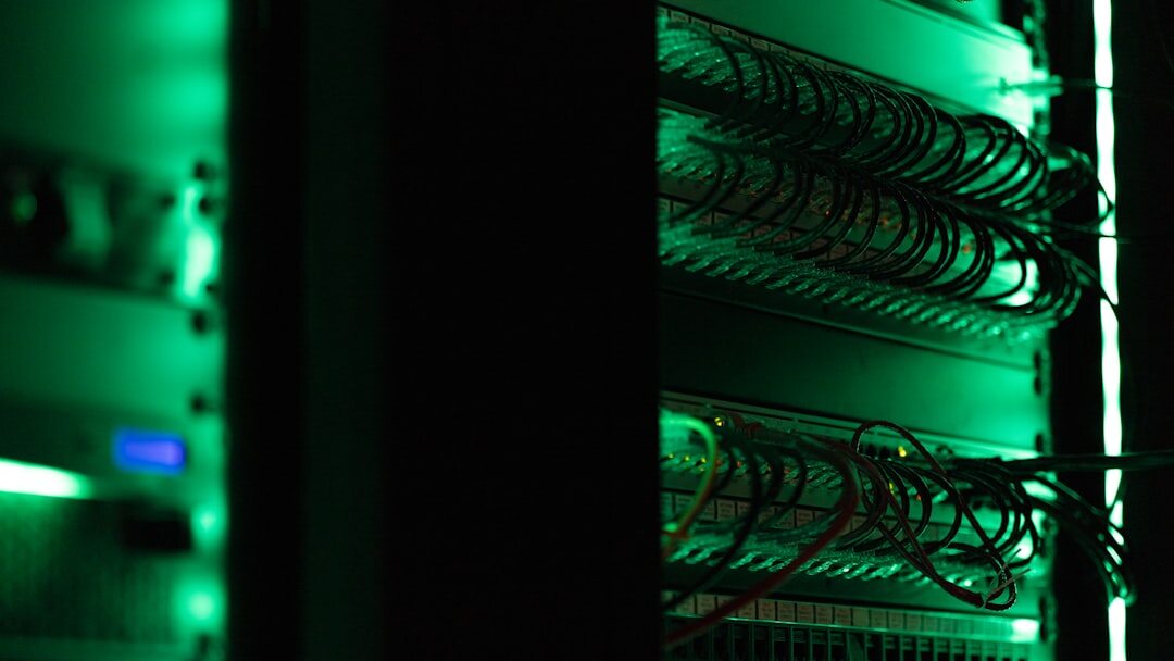 Modern data center server room with blue LED lighting